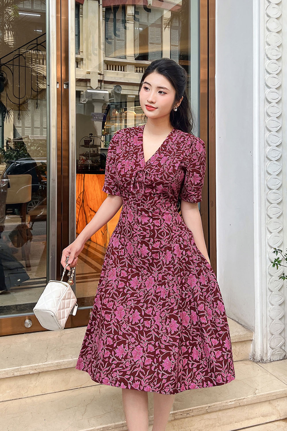 Đầm hoa công sở dáng xòe ngực xếp ly HL27-13