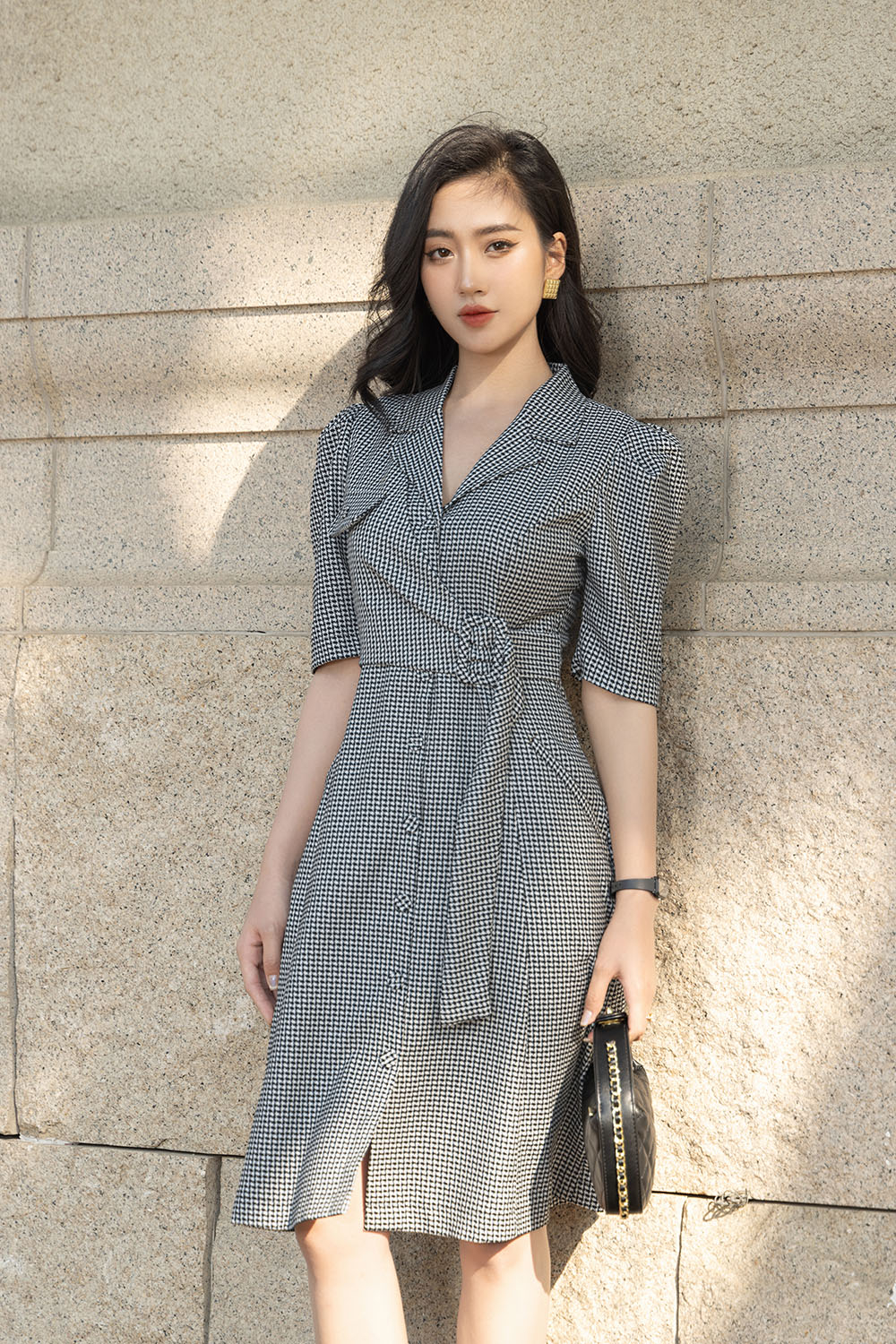 Đầm công sở caro đắp chéo cổ đan tông KK167-04