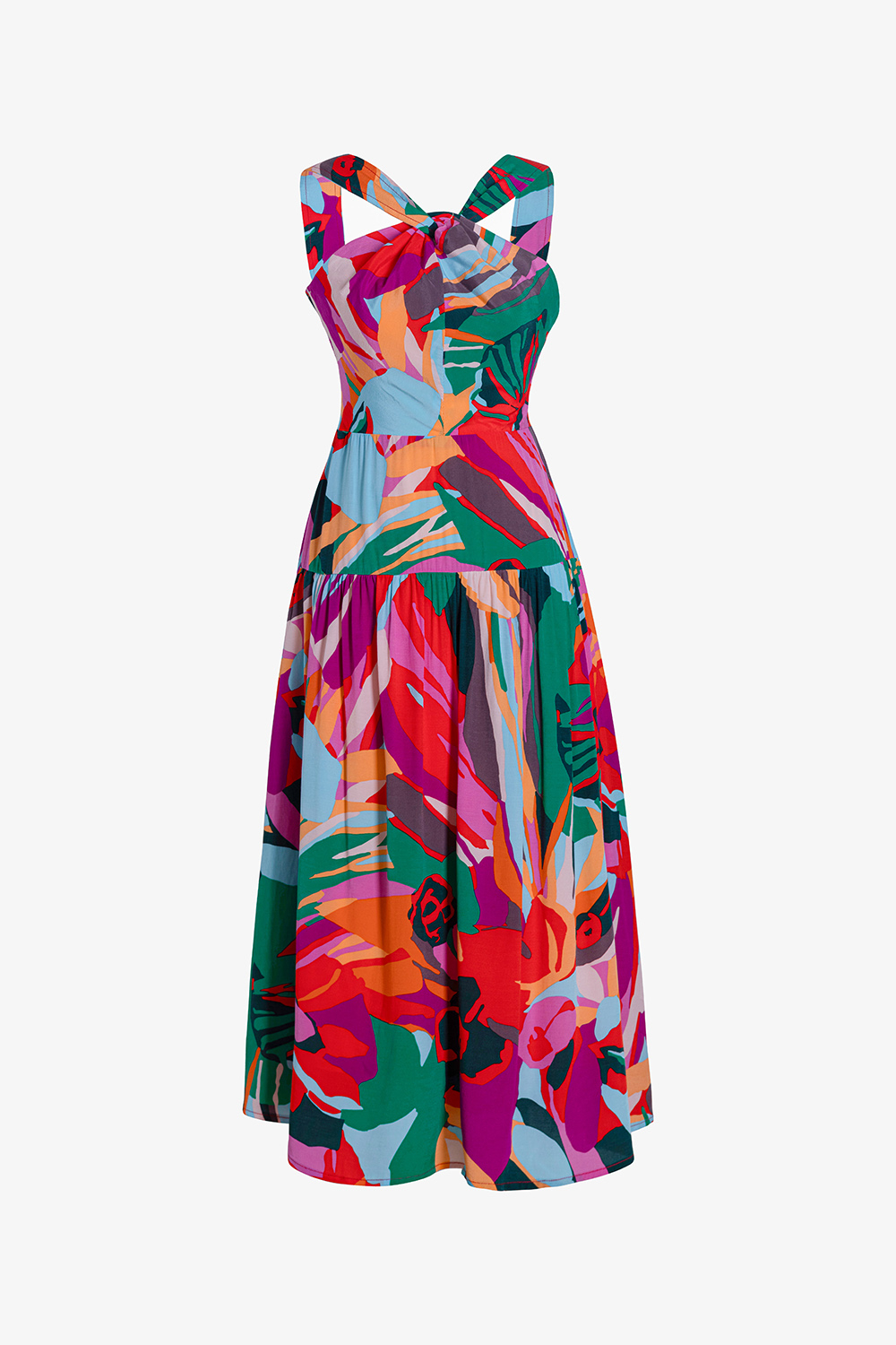 Đầm xòe họa tiết cổ yếm dài qua gối