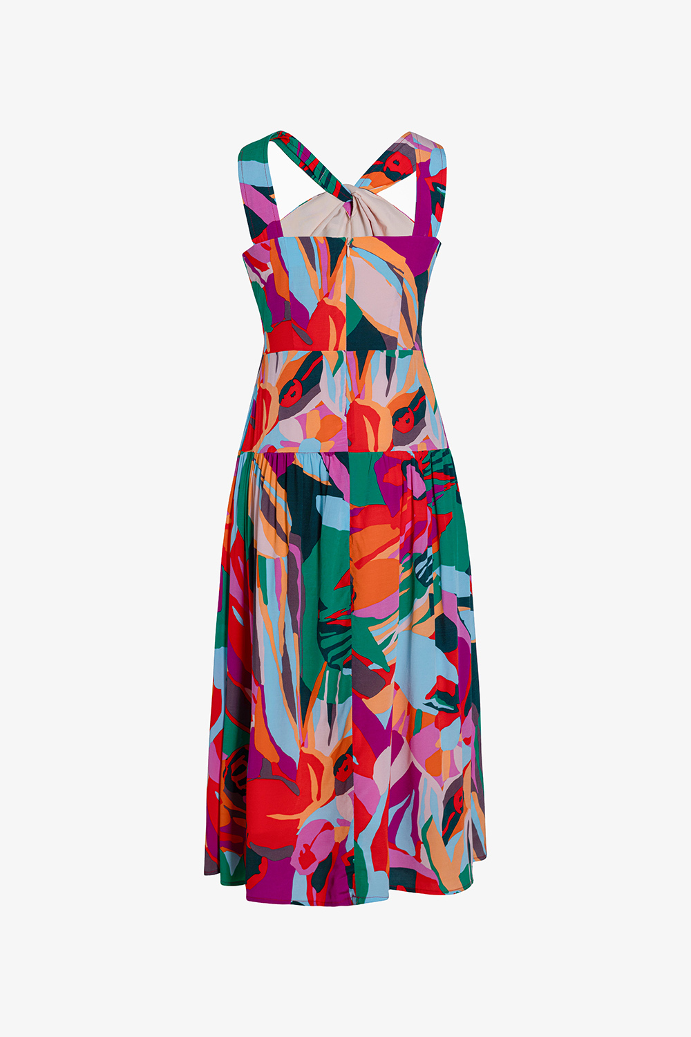 Đầm xòe họa tiết cổ yếm dài qua gối