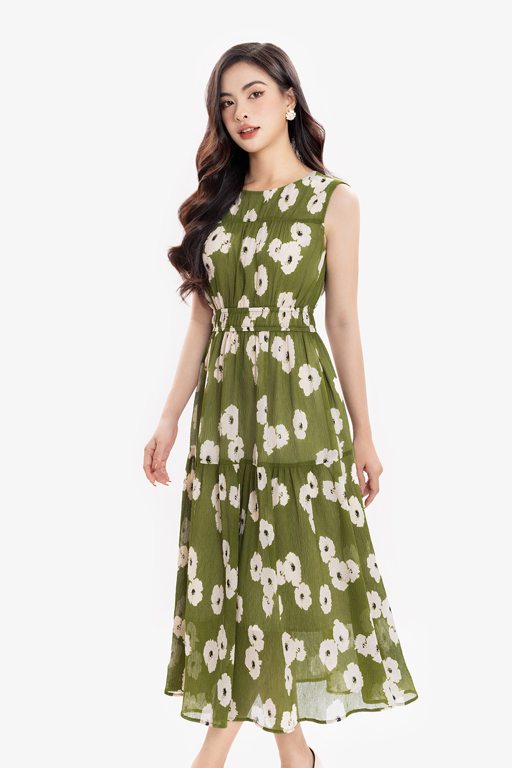 Đầm hoa dáng xòe dài sát nách nhún eo