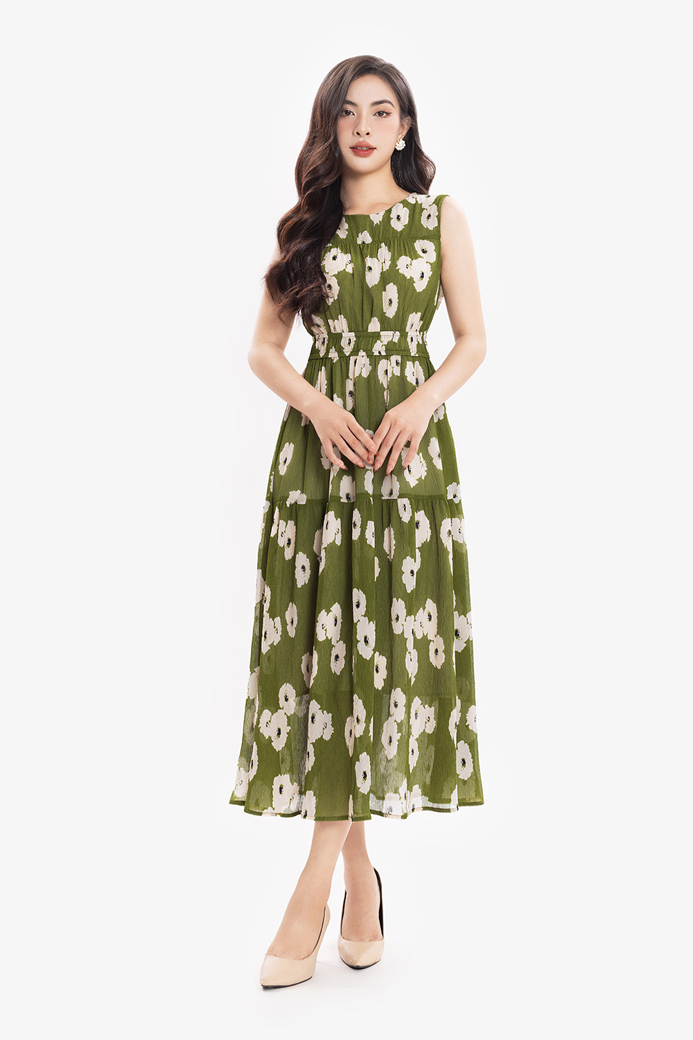 Đầm hoa dáng xòe dài sát nách nhún eo