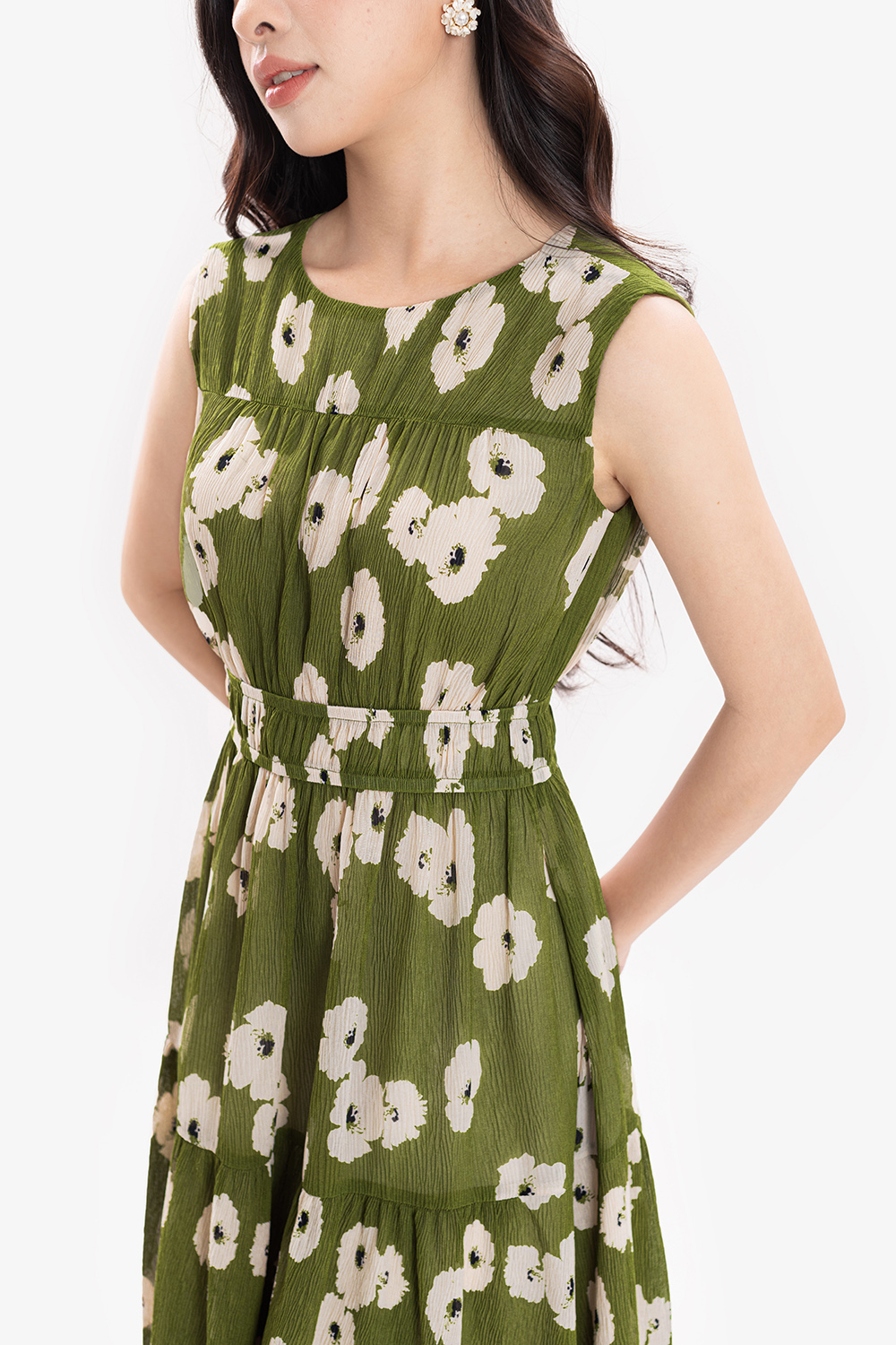 Đầm hoa dáng xòe dài sát nách nhún eo