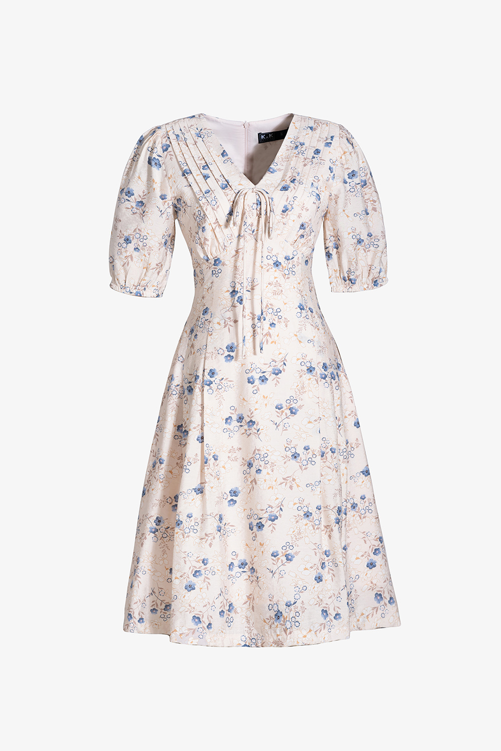 Đầm hoa dáng xòe cổ V tay phồng