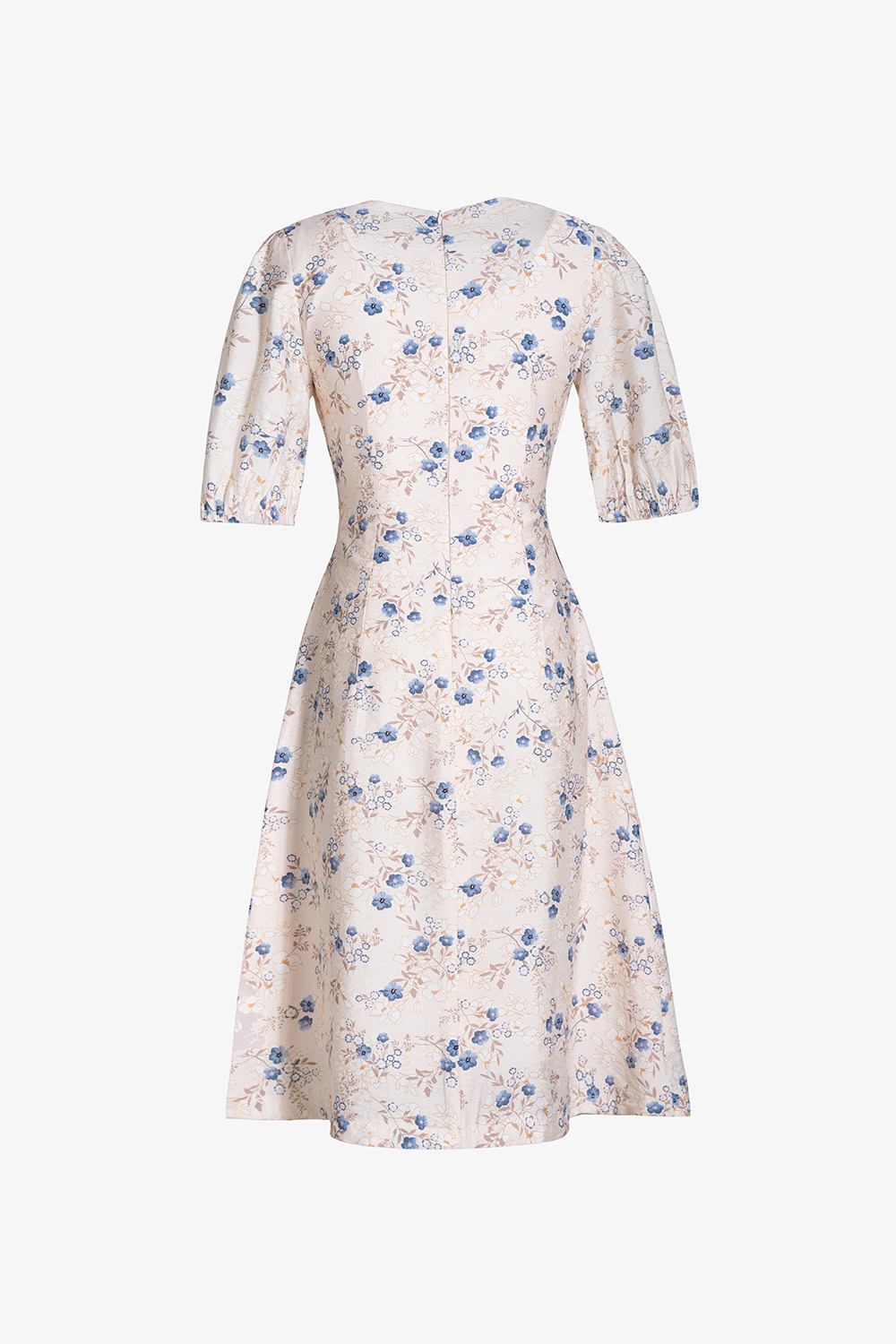 Đầm hoa dáng xòe cổ V tay phồng