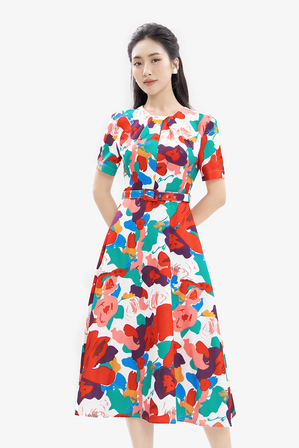 Đầm họa tiết dáng xòe dài kèm thắt eo