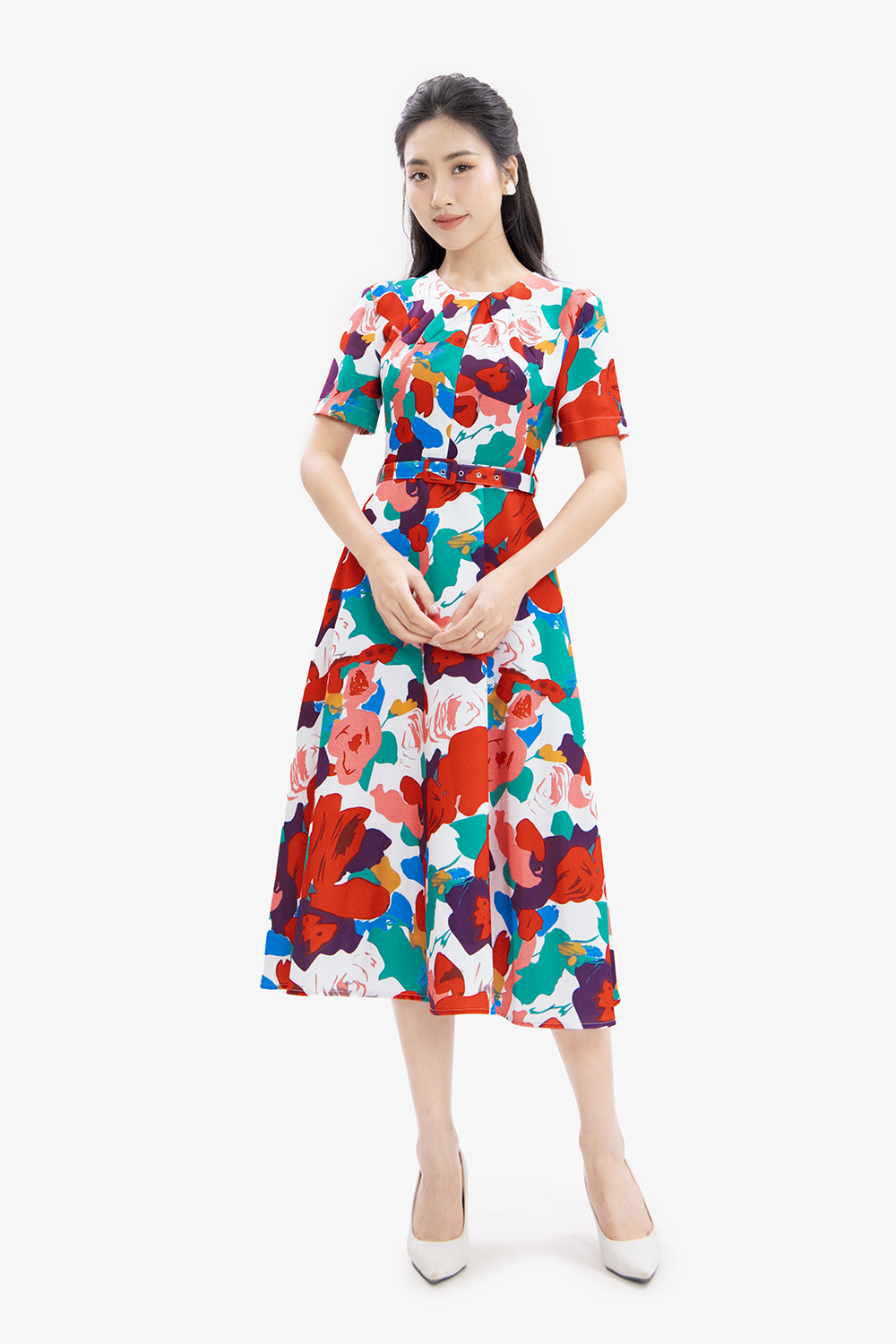 Đầm họa tiết dáng xòe dài kèm thắt eo