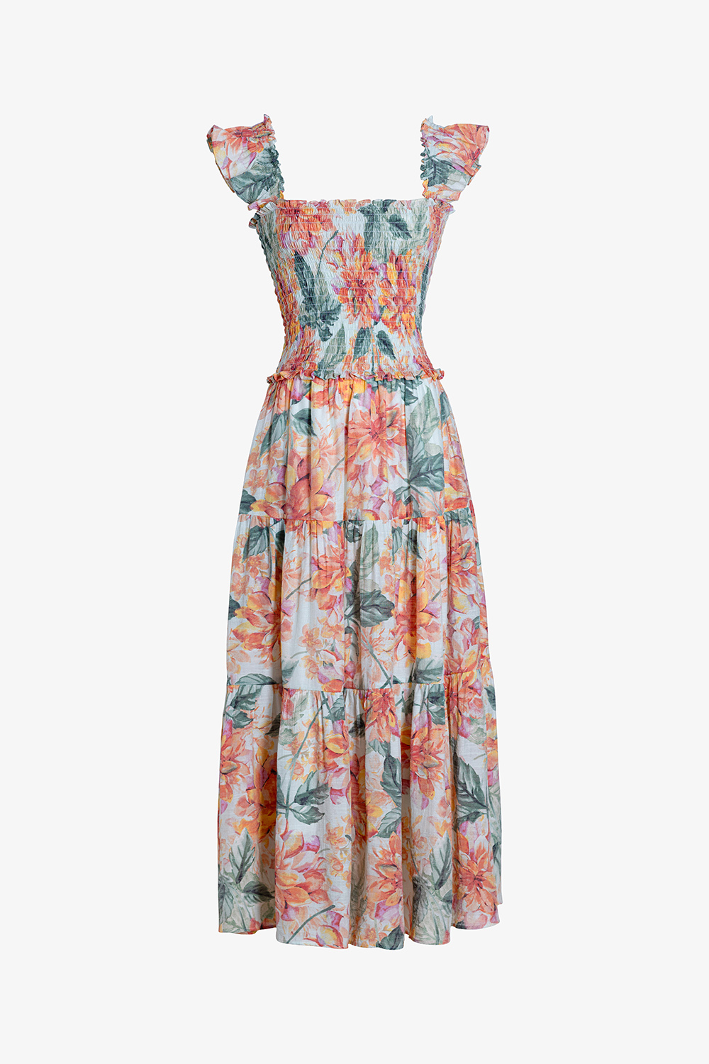 Đầm hoa hai dây dáng xòe dài qua gối