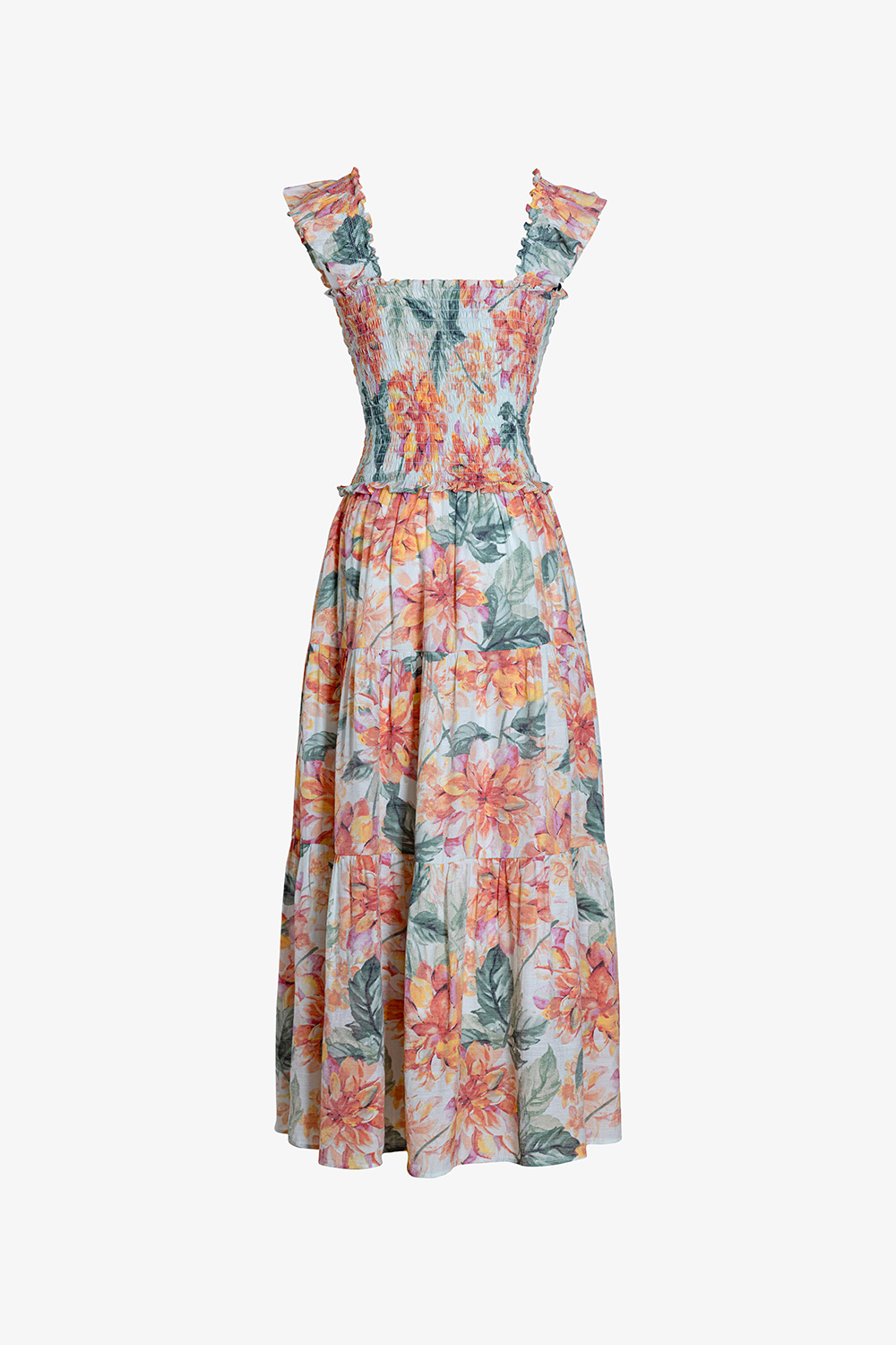 Đầm hoa hai dây dáng xòe dài qua gối