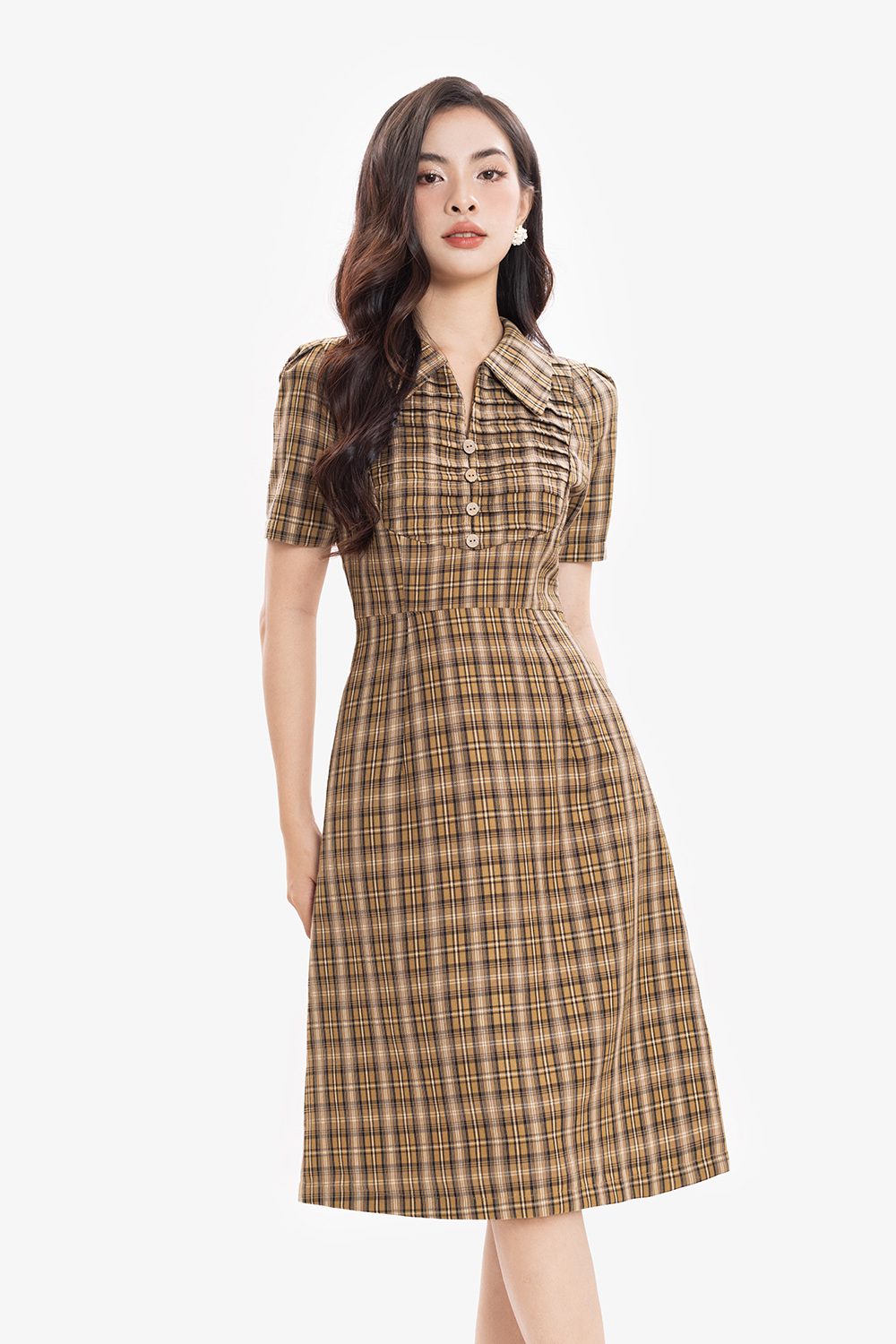 Đầm công sở caro chữ A cổ sơ mi