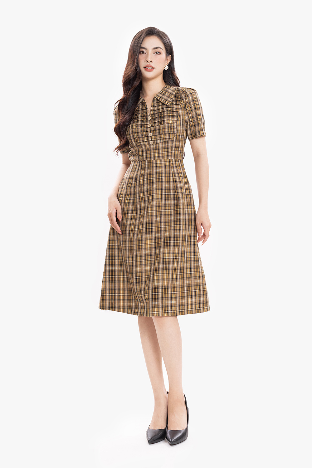 Đầm công sở caro chữ A cổ sơ mi