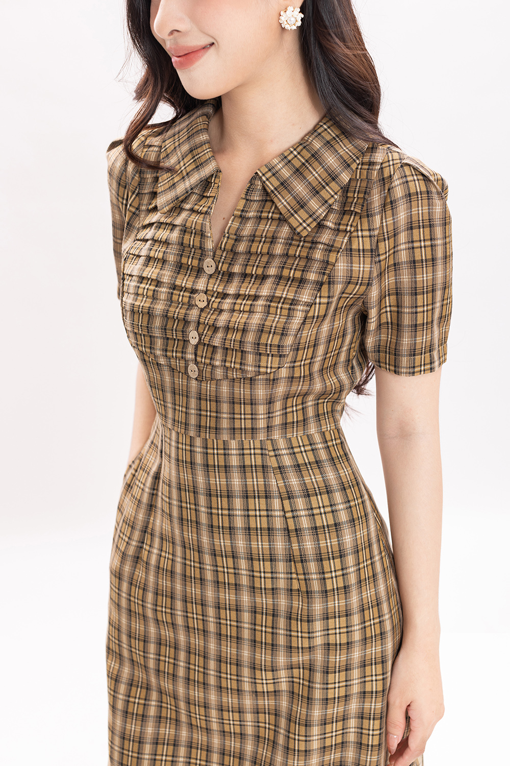 Đầm công sở caro chữ A cổ sơ mi