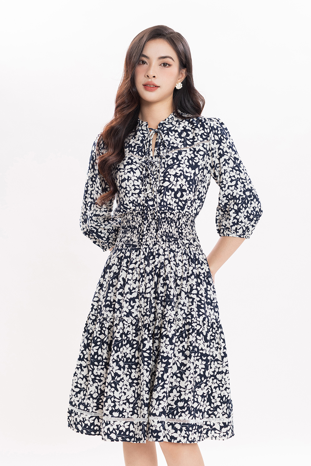 Đầm hoa công sở dáng xòe eo bo chun