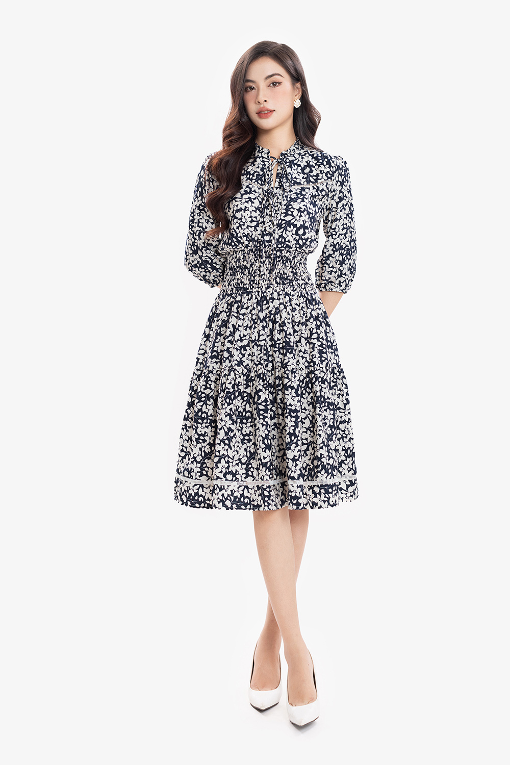 Đầm hoa công sở dáng xòe eo bo chun