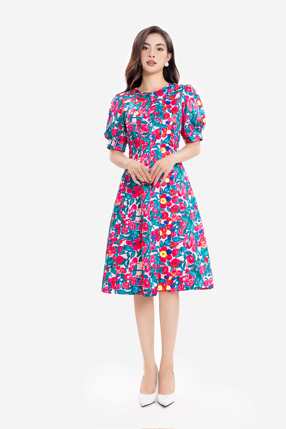 Đầm xòe họa tiết hoa tay phồng