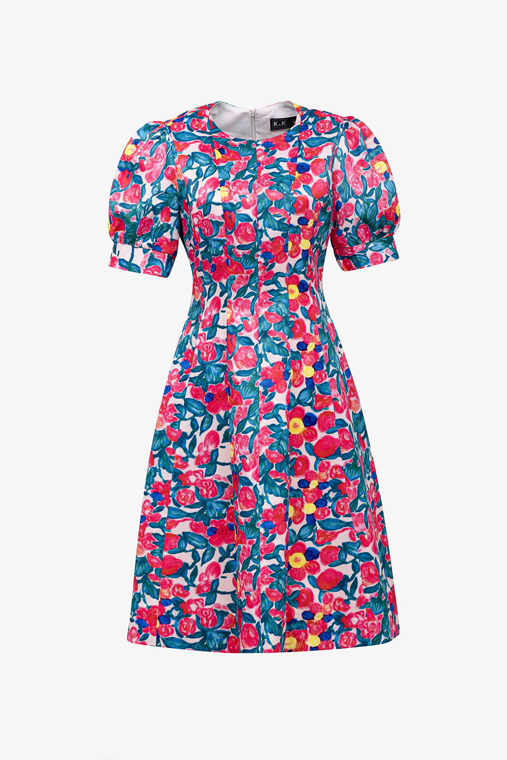 Đầm xòe họa tiết hoa tay phồng