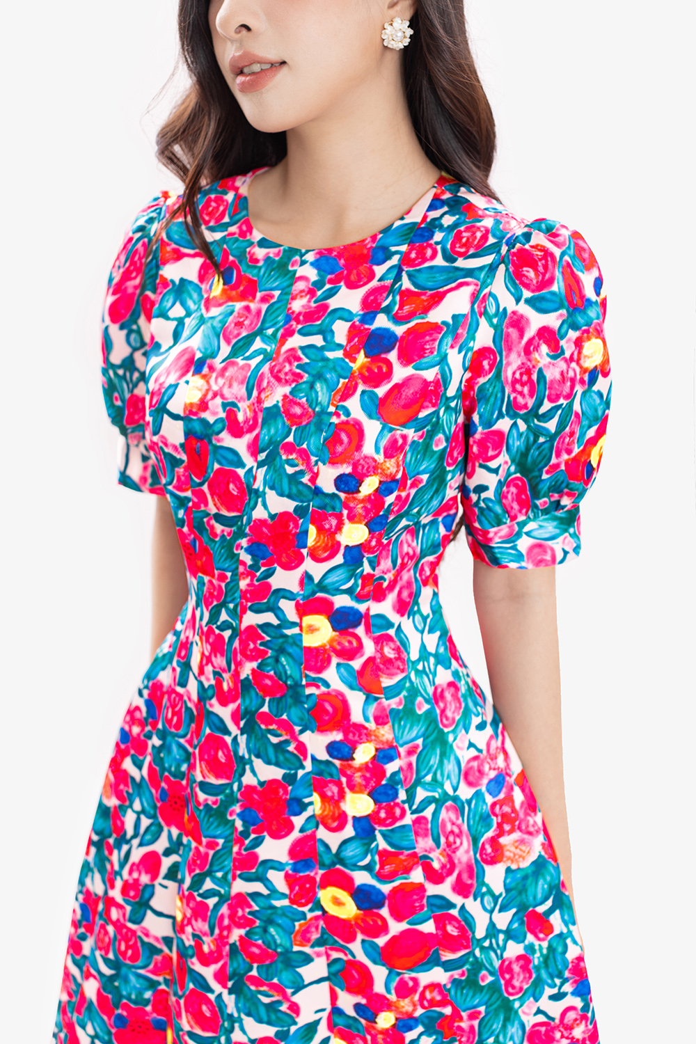 Đầm xòe họa tiết hoa tay phồng