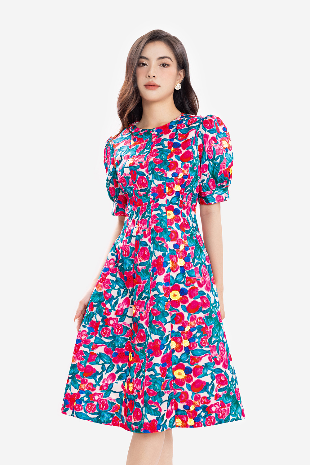 Đầm xòe họa tiết hoa tay phồng