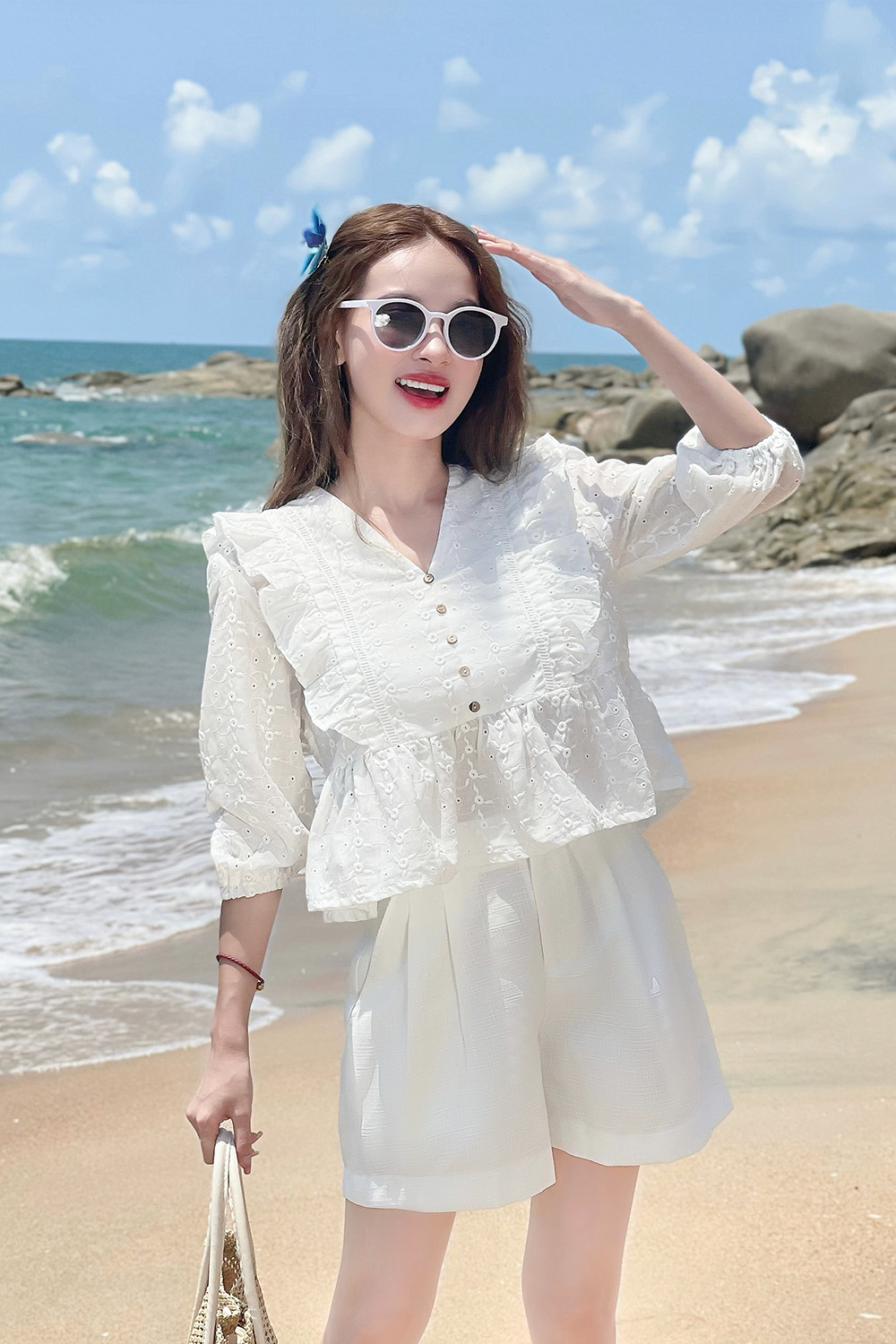 Áo kiểu công sở cổ v phối bèo