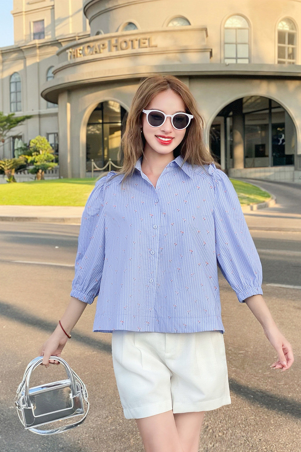 Áo sơ mi công sở nữ họa tiết tay phồng