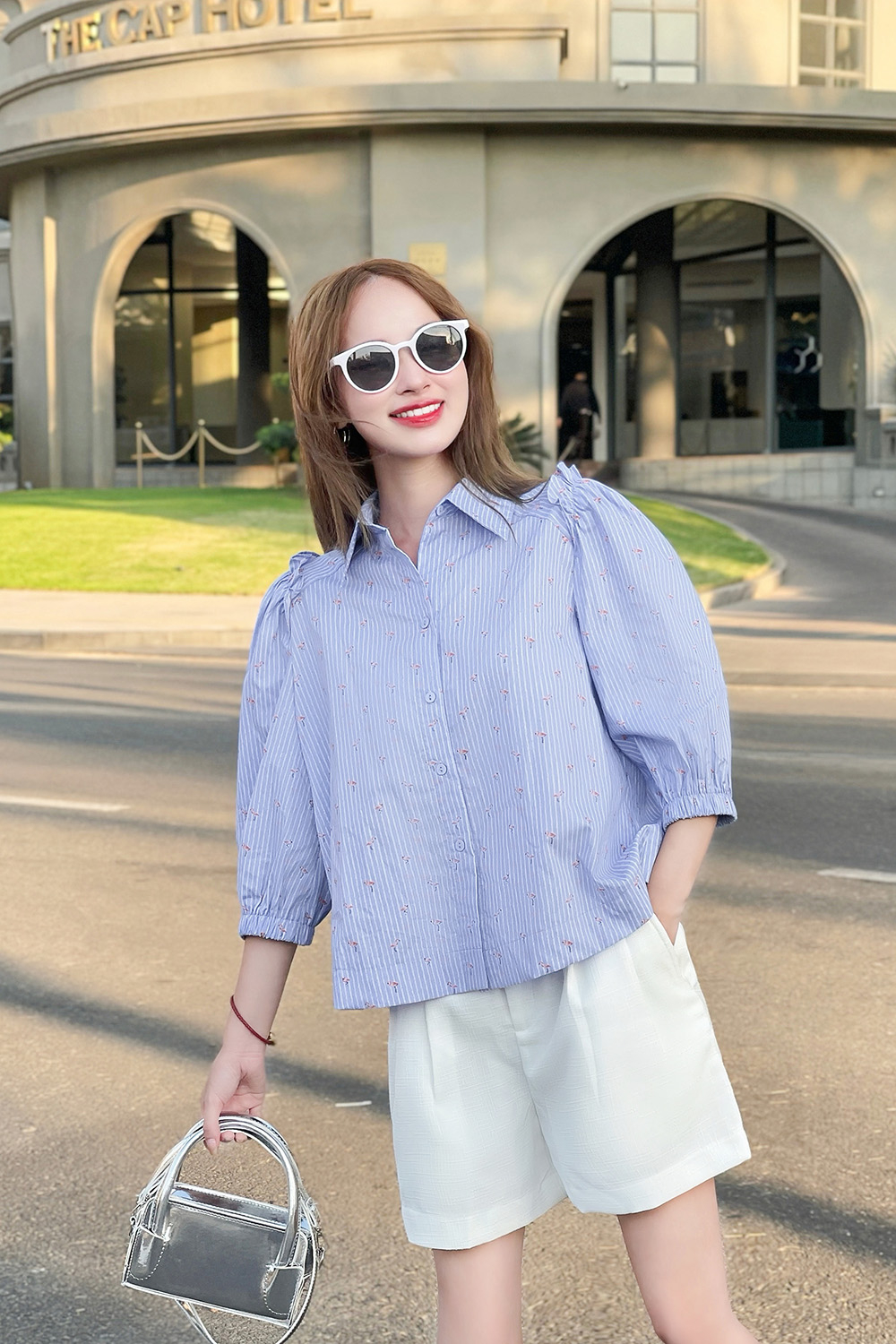 Áo sơ mi công sở nữ họa tiết tay phồng