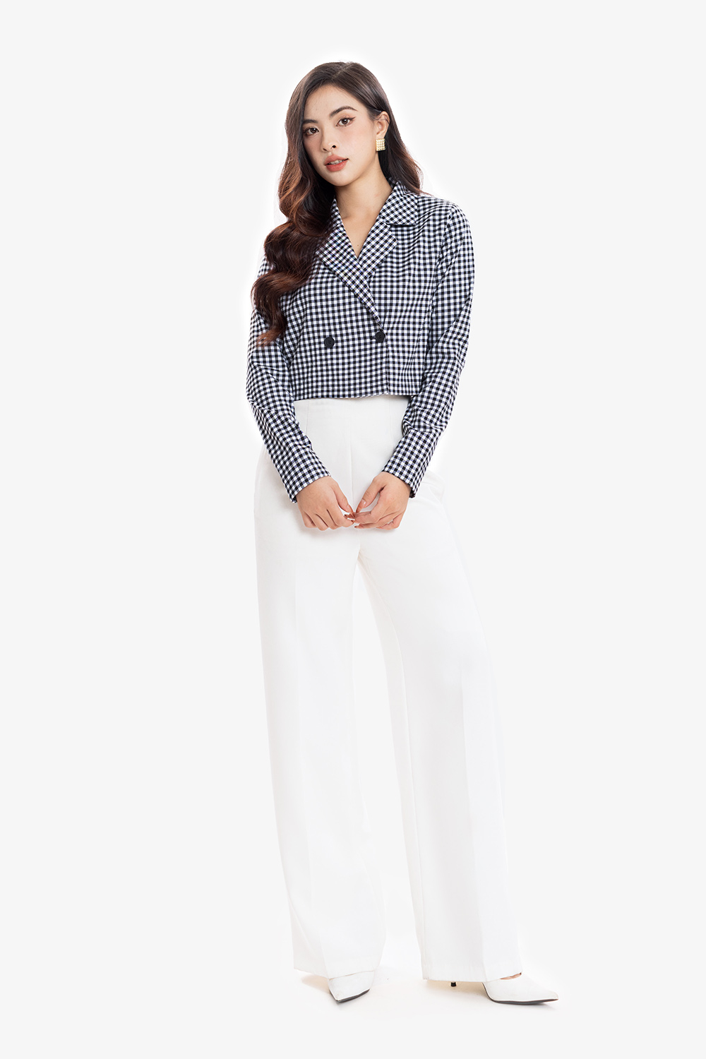 Áo kiểu nữ dáng ngắn họa tiết caro cổ đan tông