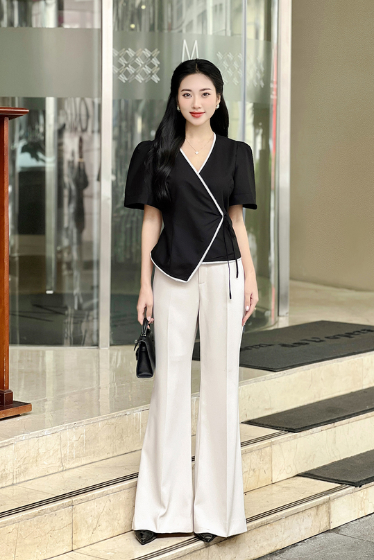 Áo kiểu nữ màu đen cổ V đắp chéo nơ eo ASM18-27