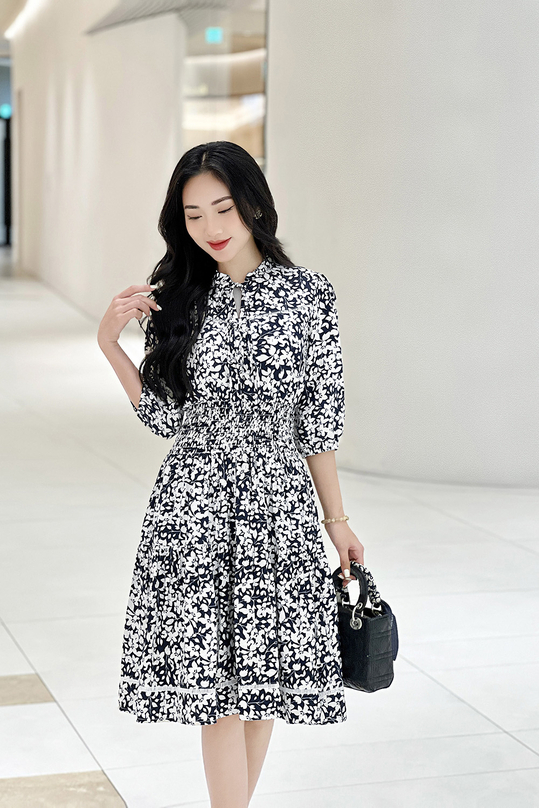Đầm hoa công sở dáng xòe eo bo chun KK168-07