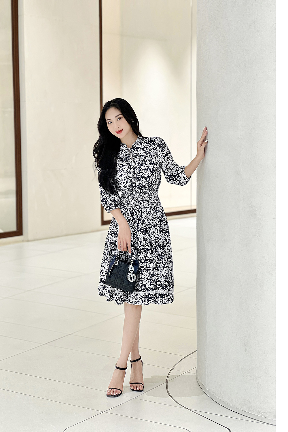 Đầm hoa công sở dáng xòe eo bo chun