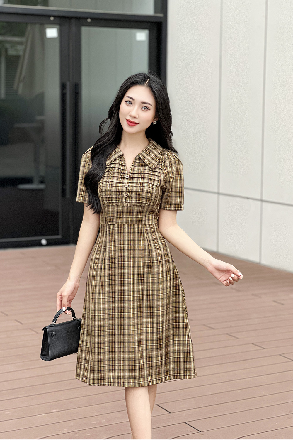 Đầm công sở caro chữ A cổ sơ mi KK167-31