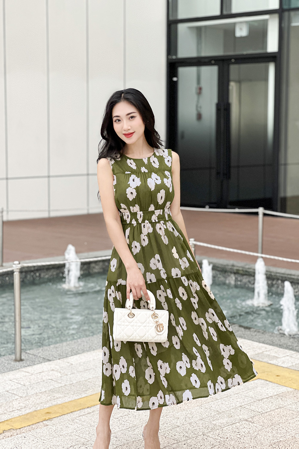 Đầm hoa dáng xòe dài sát nách nhún eo KK167-11