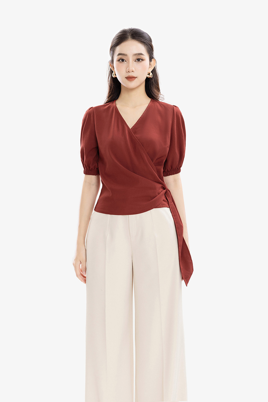 Áo kiểu công sở nữ cổ đắp chéo màu đỏ tay lửng ASM19-05