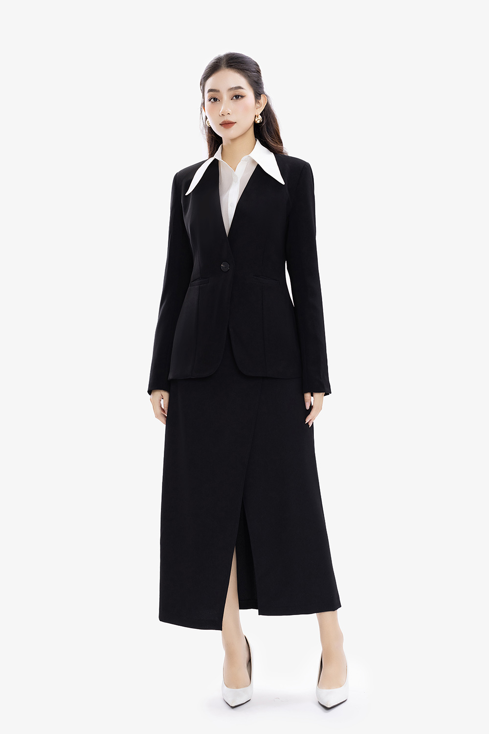 Áo khoác công sở nữ màu đen tay dài