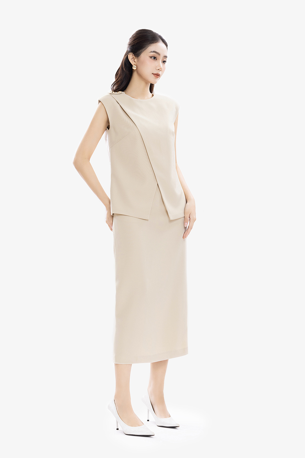 Đầm công sở dáng ôm thân áo đắp chéo