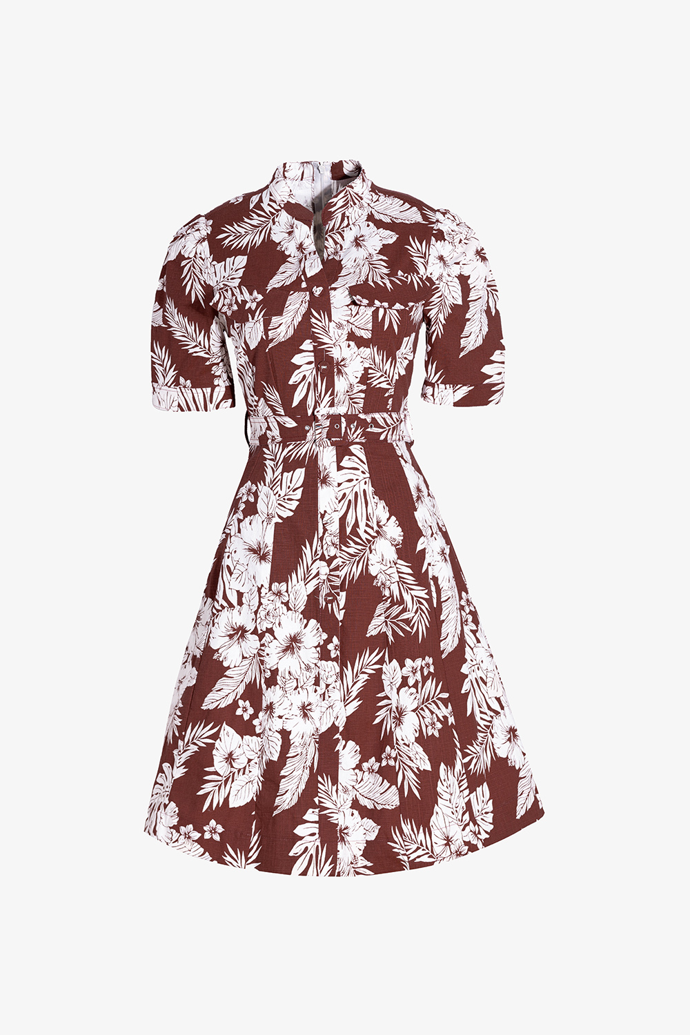 Đầm sơ mi xòe họa tiết hoa lá phối thắt lưng