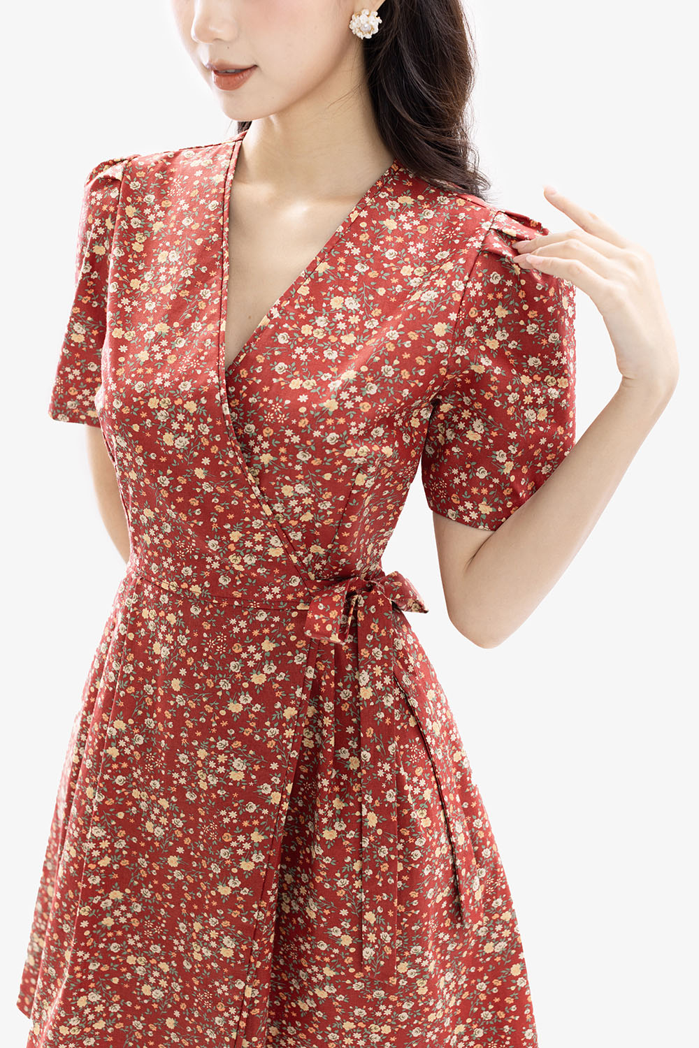 Đầm xòe chữ A cổ V eo phối nơ