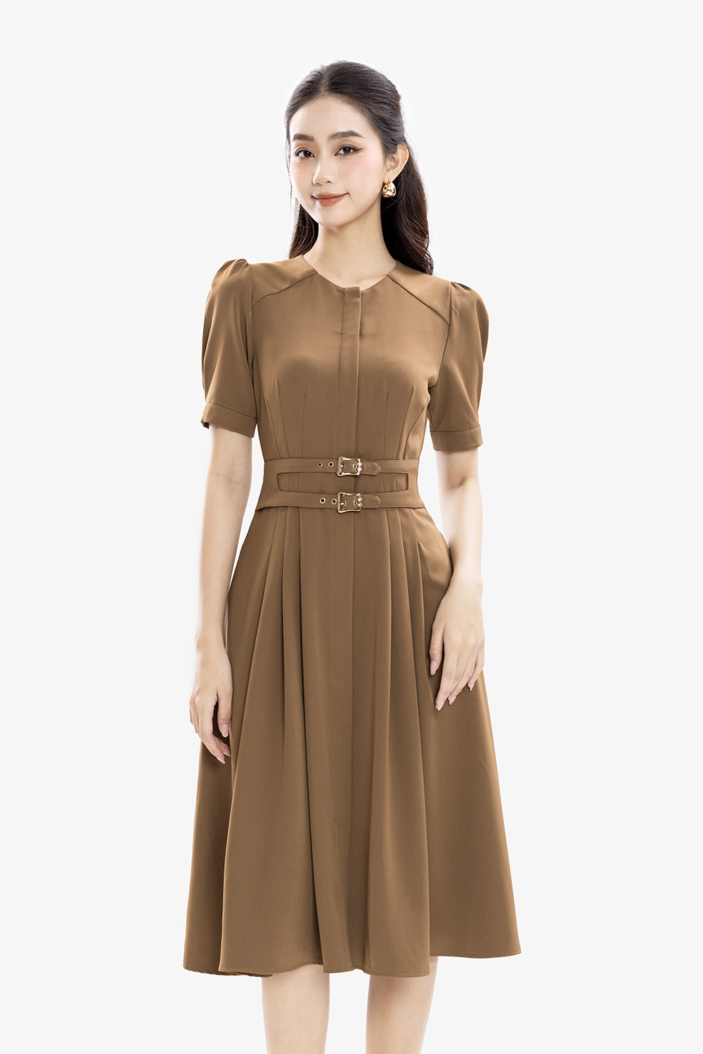 Đầm nâu công sở dáng xòe xếp ly phối đai eo