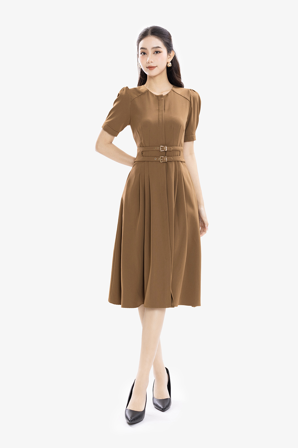 Đầm nâu công sở dáng xòe xếp ly phối đai eo