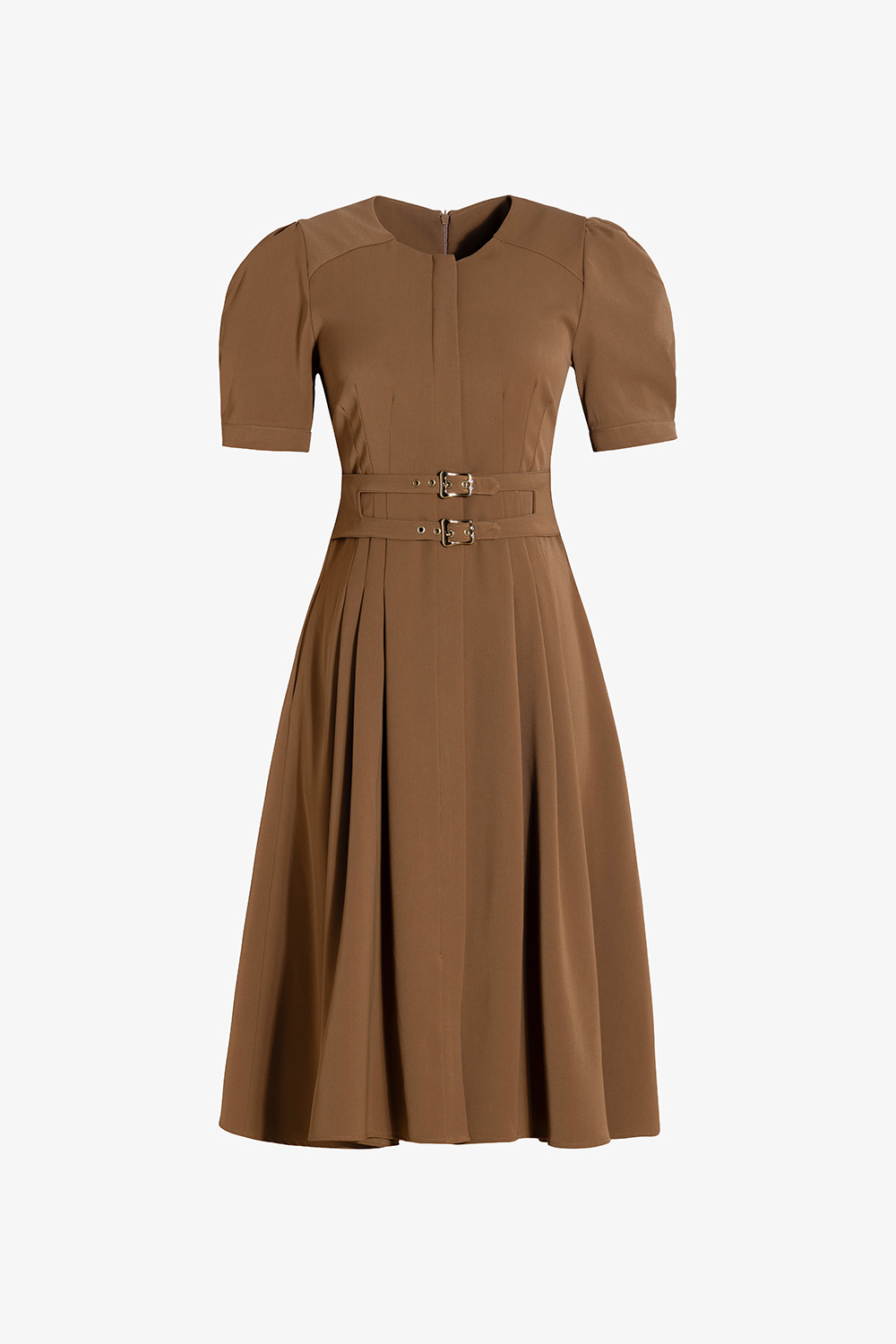 Đầm nâu công sở dáng xòe xếp ly phối đai eo