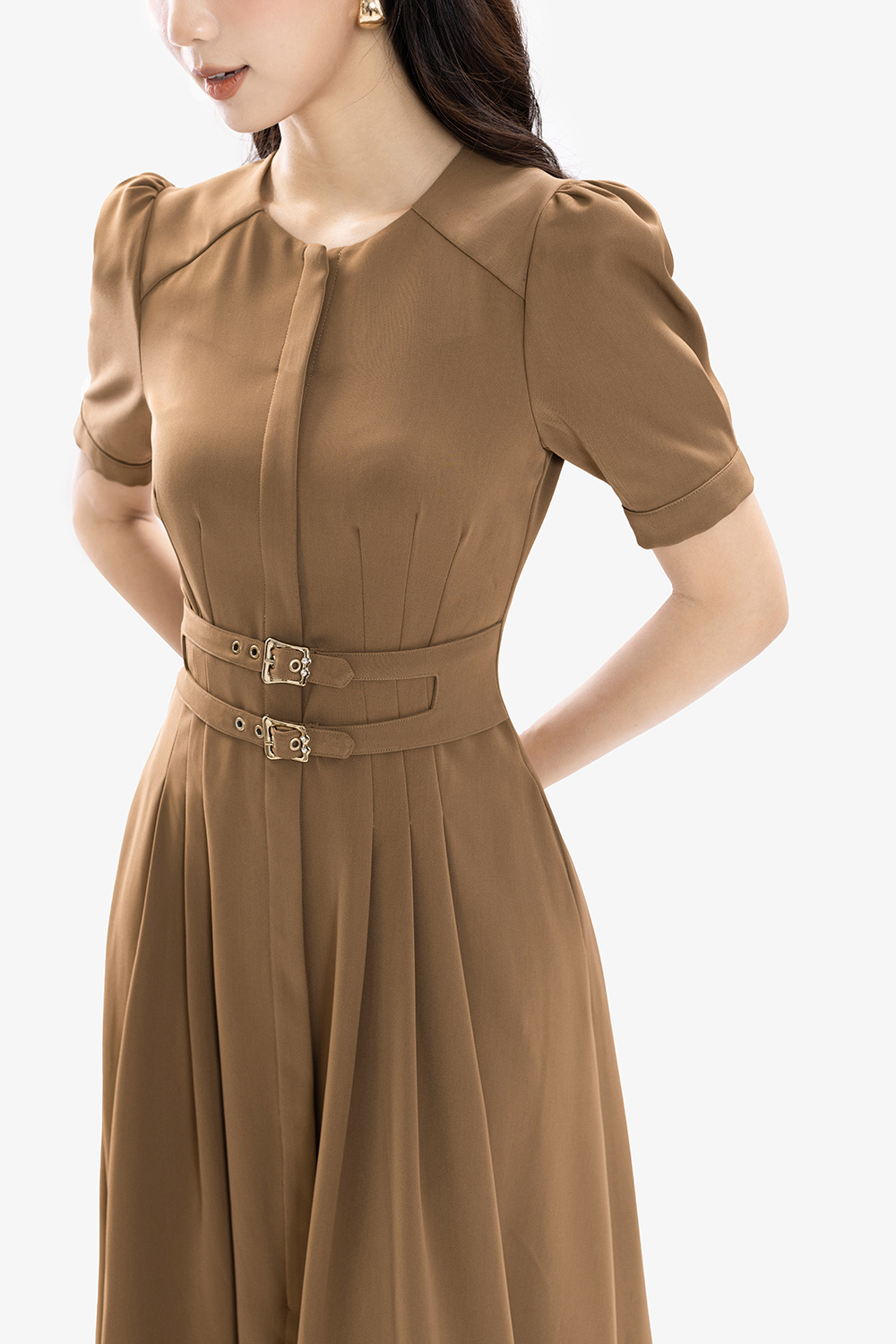 Đầm nâu công sở dáng xòe xếp ly phối đai eo