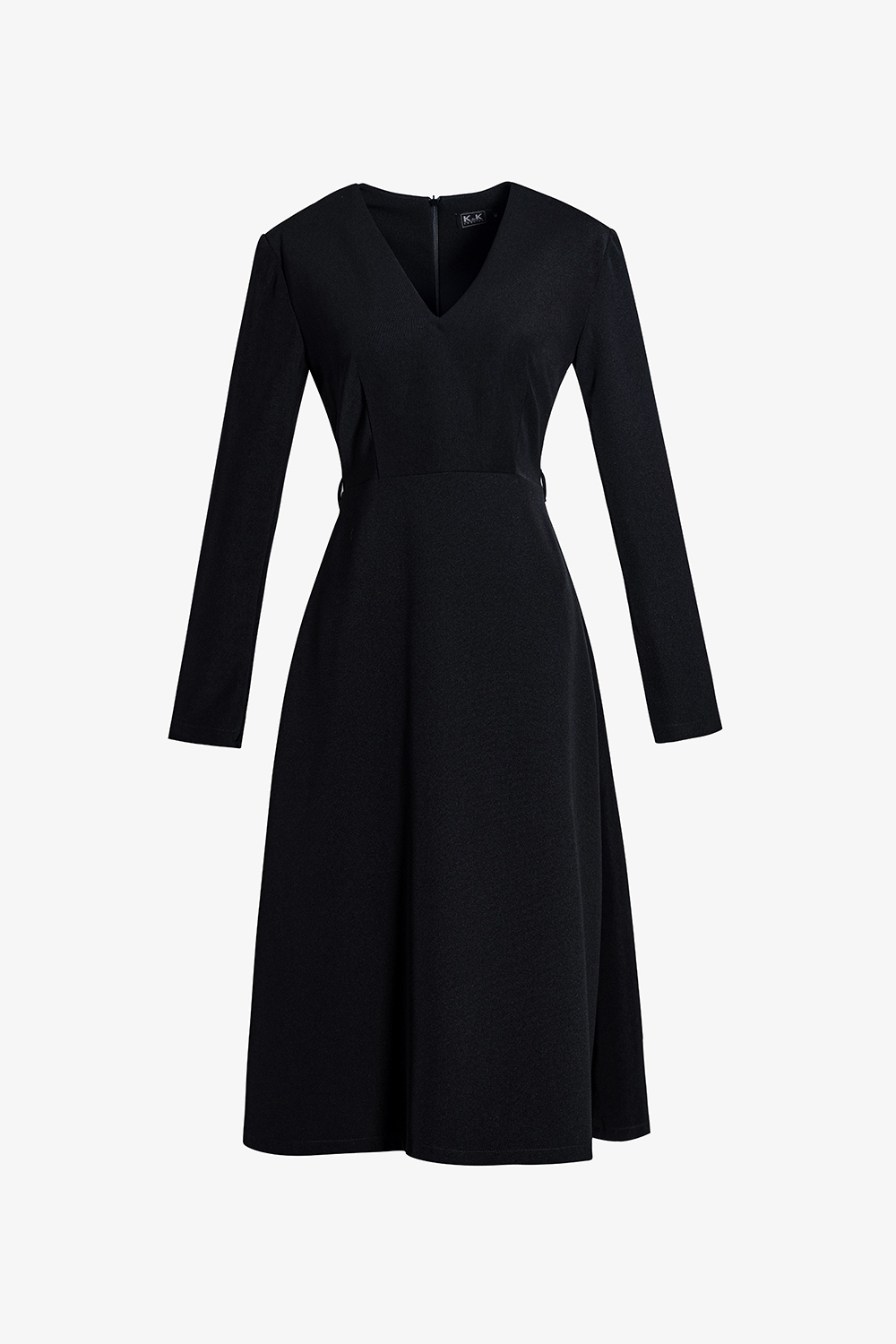 Đầm xòe midi màu đen cổ V tay dài