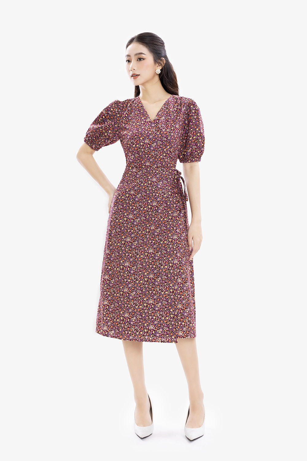 Đầm hoa nhí dáng chữ A cổ V phối nơ eo