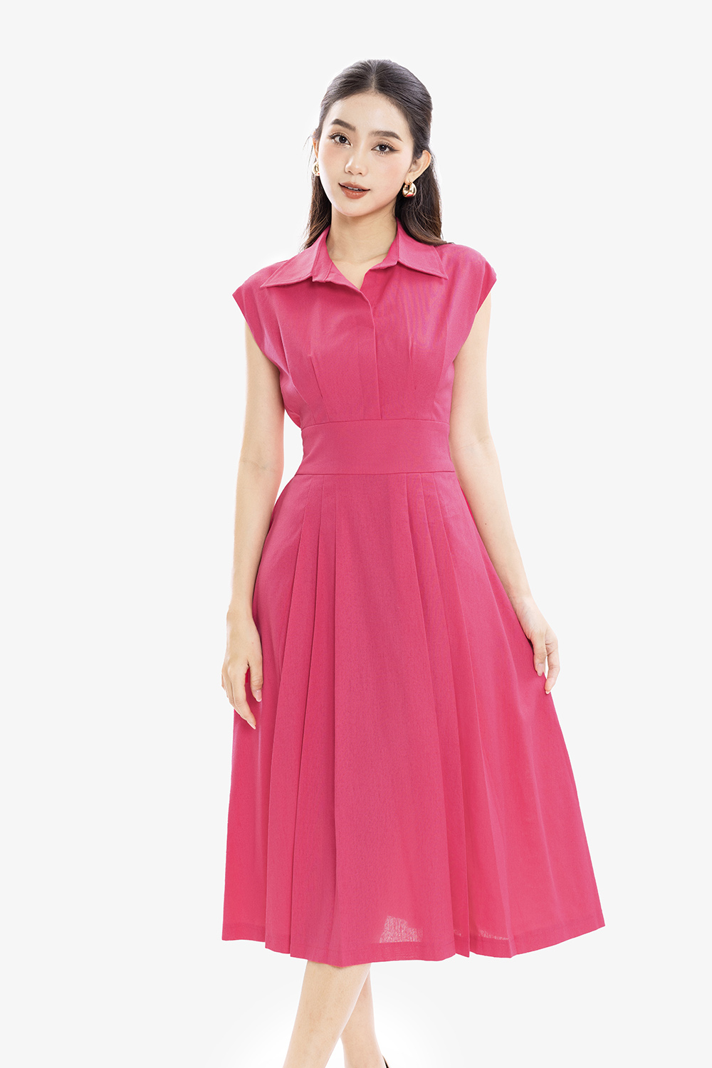 Đầm hồng dáng xòe cổ sơ mi