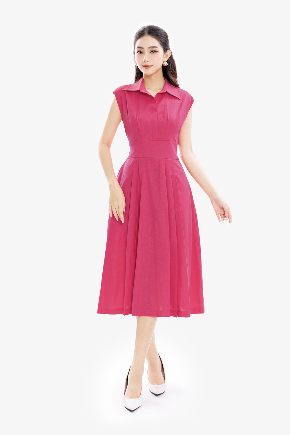 Đầm hồng dáng xòe cổ sơ mi