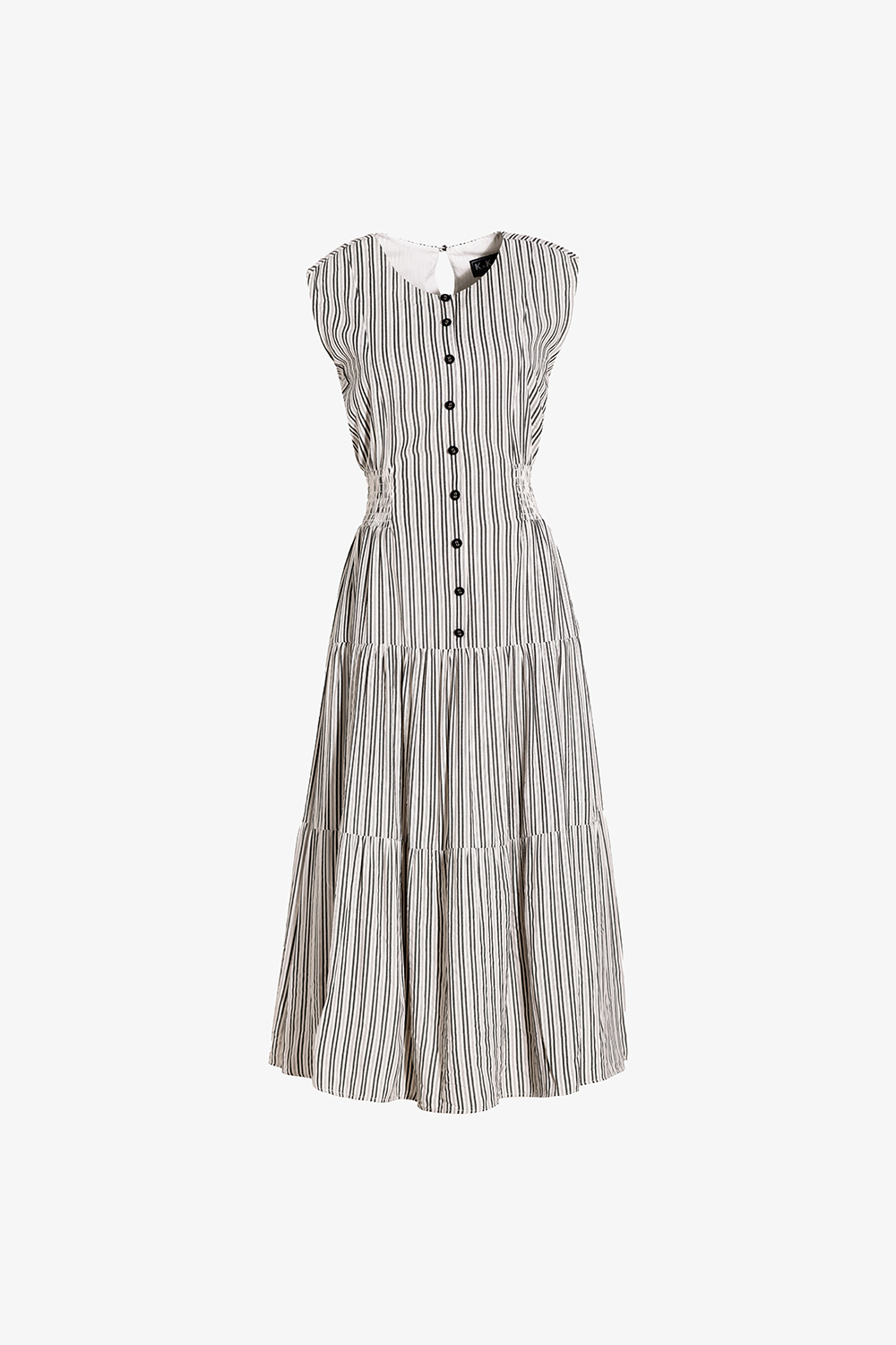 Đầm xòe midi sát nách họa tiết kẻ sọc