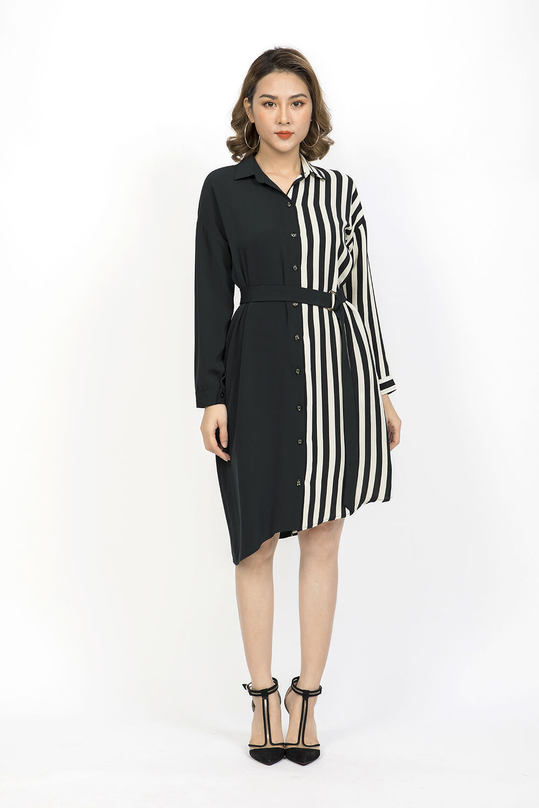 Đầm sơ mi kẻ sọc phối màu kèm thắt lưng vải KK92-32