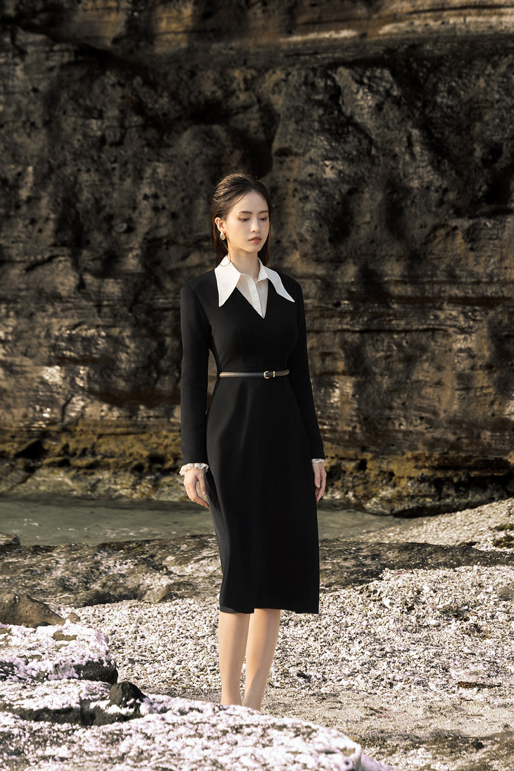 Đầm xòe midi màu đen cổ V tay dài