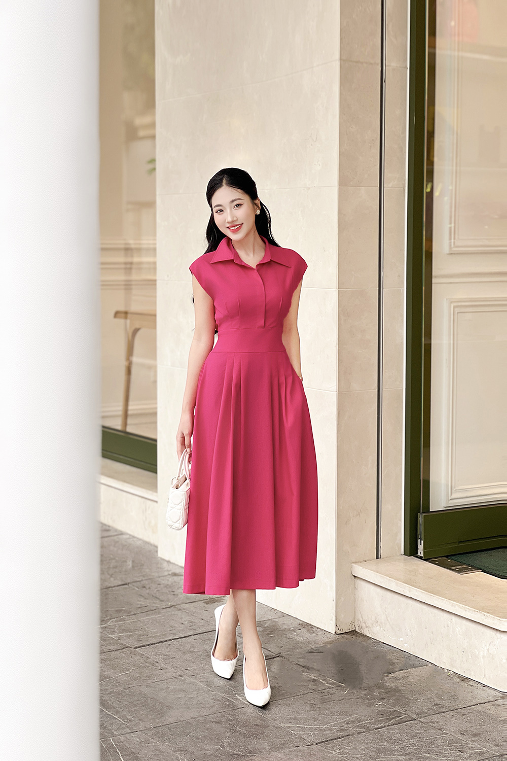 Đầm hồng dáng xòe cổ sơ mi