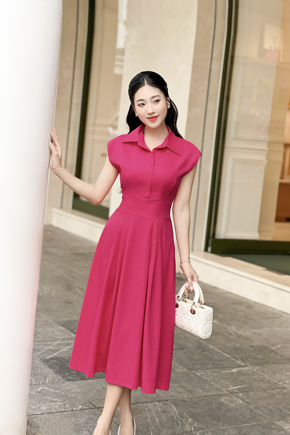 Đầm hồng dáng xòe cổ sơ mi