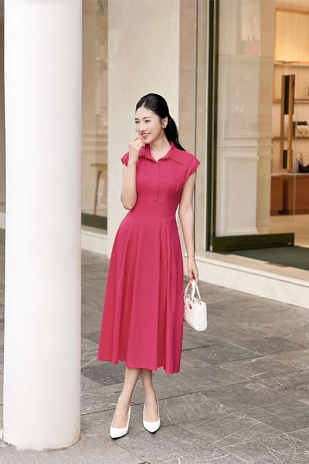 Đầm hồng dáng xòe cổ sơ mi